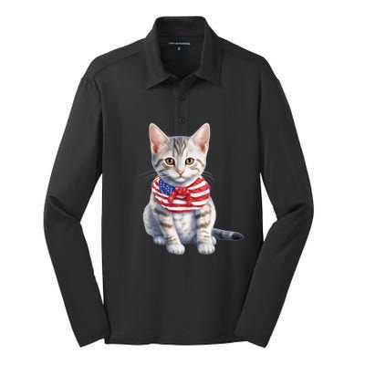 American Cat 4th Of July Cat Patriotic Cats Egyptian Mau Kitten Silk Touch Performance Long Sleeve Polo