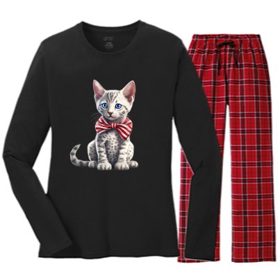 American Cat 4th Of July Cat Patriotic Cats Egyptian Mau Kitten Women's Long Sleeve Flannel Pajama Set 