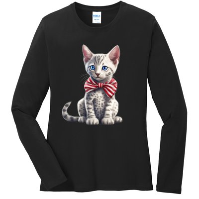 American Cat 4th Of July Cat Patriotic Cats Egyptian Mau Kitten Ladies Long Sleeve Shirt