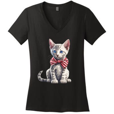 American Cat 4th Of July Cat Patriotic Cats Egyptian Mau Kitten Women's V-Neck T-Shirt