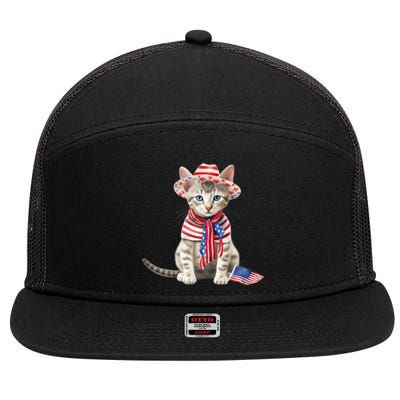 American Cat 4th Of July Cat Patriotic Cats Egyptian Mau Kitten 7 Panel Mesh Trucker Snapback Hat