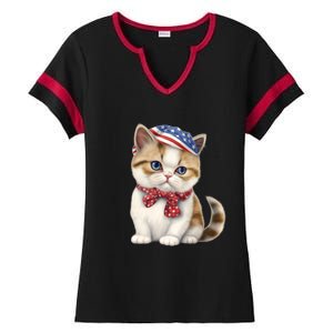 American Cat 4th Of July Cat Patriotic Cats Exotic Shorthair Kitten Ladies Halftime Notch Neck Tee