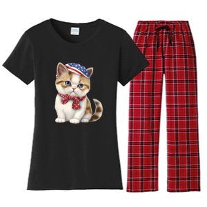 American Cat 4th Of July Cat Patriotic Cats Exotic Shorthair Kitten Women's Flannel Pajama Set