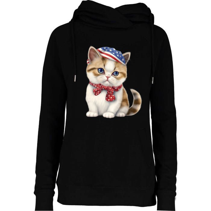 American Cat 4th Of July Cat Patriotic Cats Exotic Shorthair Kitten Womens Funnel Neck Pullover Hood