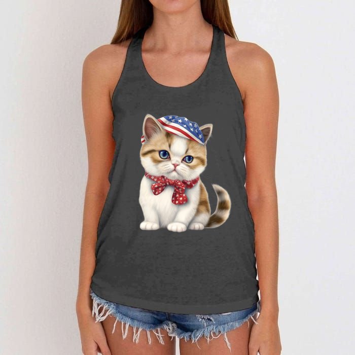 American Cat 4th Of July Cat Patriotic Cats Exotic Shorthair Kitten Women's Knotted Racerback Tank