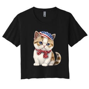 American Cat 4th Of July Cat Patriotic Cats Exotic Shorthair Kitten Women's Crop Top Tee