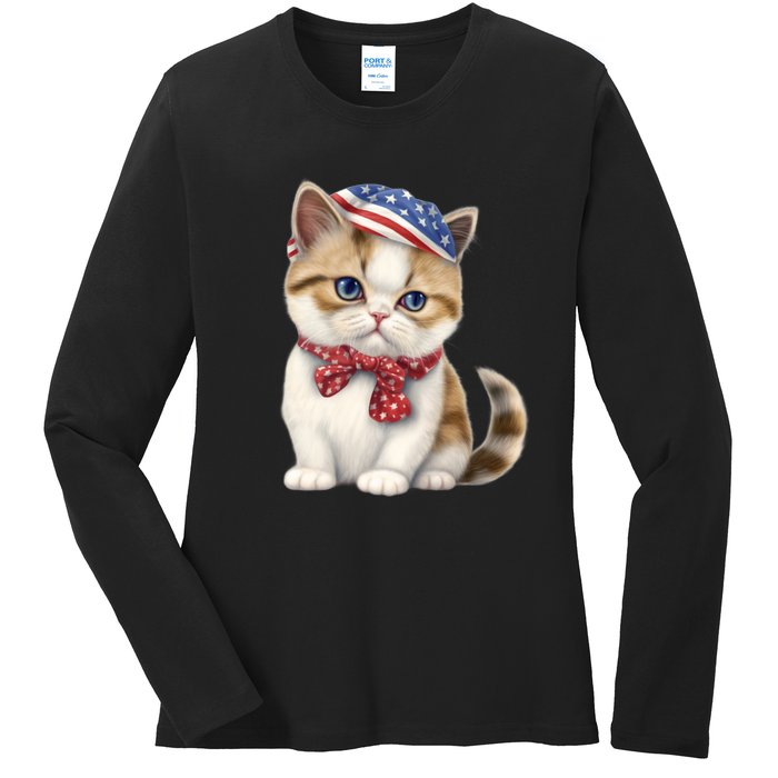 American Cat 4th Of July Cat Patriotic Cats Exotic Shorthair Kitten Ladies Long Sleeve Shirt