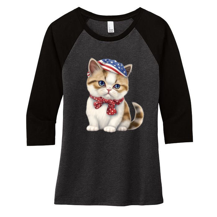 American Cat 4th Of July Cat Patriotic Cats Exotic Shorthair Kitten Women's Tri-Blend 3/4-Sleeve Raglan Shirt