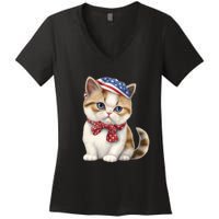 American Cat 4th Of July Cat Patriotic Cats Exotic Shorthair Kitten Women's V-Neck T-Shirt