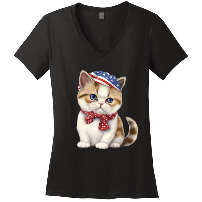 American Cat 4th Of July Cat Patriotic Cats Exotic Shorthair Kitten Women's V-Neck T-Shirt