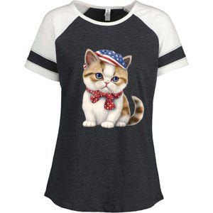 American Cat 4th Of July Cat Patriotic Cats Exotic Shorthair Kitten Enza Ladies Jersey Colorblock Tee