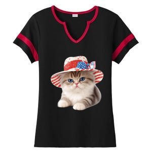 American Cat 4th Of July Cat Patriotic Cats Exotic Shorthair Kitten Ladies Halftime Notch Neck Tee