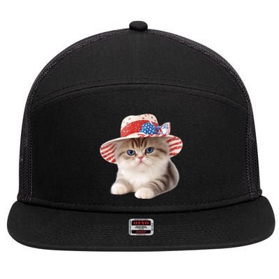 American Cat 4th Of July Cat Patriotic Cats Exotic Shorthair Kitten 7 Panel Mesh Trucker Snapback Hat