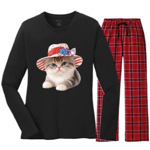 American Cat 4th Of July Cat Patriotic Cats Exotic Shorthair Kitten Women's Long Sleeve Flannel Pajama Set 