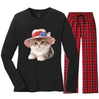 American Cat 4th Of July Cat Patriotic Cats Exotic Shorthair Kitten Women's Long Sleeve Flannel Pajama Set 