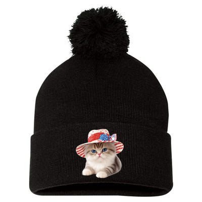 American Cat 4th Of July Cat Patriotic Cats Exotic Shorthair Kitten Pom Pom 12in Knit Beanie