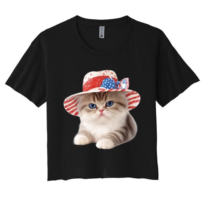 American Cat 4th Of July Cat Patriotic Cats Exotic Shorthair Kitten Women's Crop Top Tee