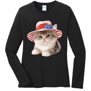 American Cat 4th Of July Cat Patriotic Cats Exotic Shorthair Kitten Ladies Long Sleeve Shirt