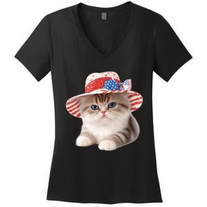 American Cat 4th Of July Cat Patriotic Cats Exotic Shorthair Kitten Women's V-Neck T-Shirt