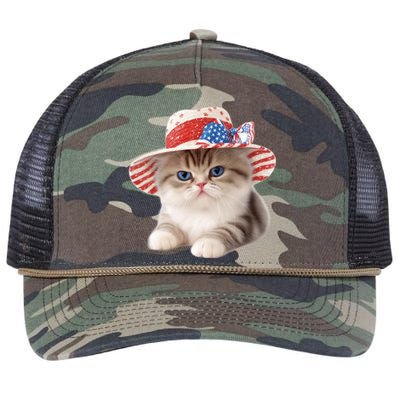 American Cat 4th Of July Cat Patriotic Cats Exotic Shorthair Kitten Retro Rope Trucker Hat Cap