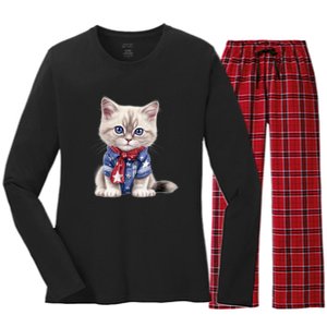 American Cat 4th Of July Cat Patriotic Cats Himalayan Kitten Women's Long Sleeve Flannel Pajama Set 