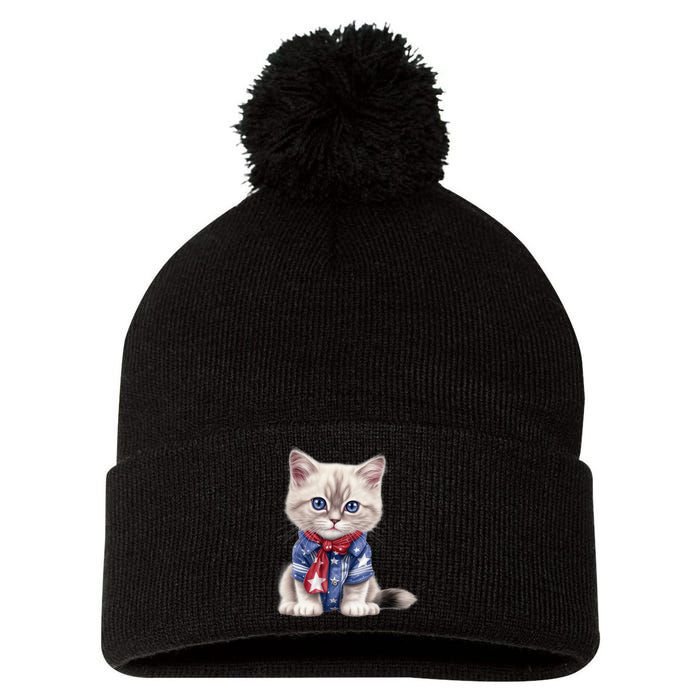 American Cat 4th Of July Cat Patriotic Cats Himalayan Kitten Pom Pom 12in Knit Beanie