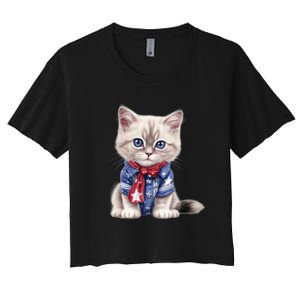 American Cat 4th Of July Cat Patriotic Cats Himalayan Kitten Women's Crop Top Tee