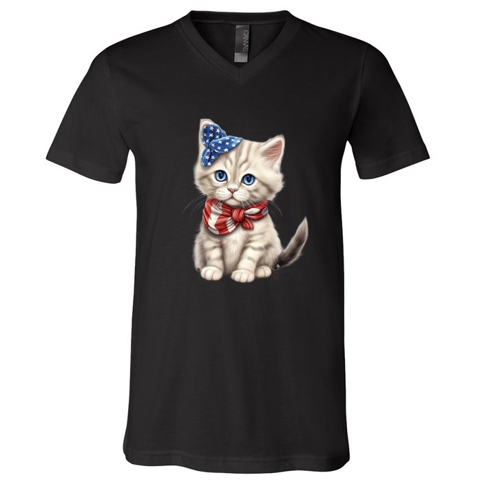 American Cat 4th Of July Cat Patriotic Cats Himalayan Kitten V-Neck T-Shirt