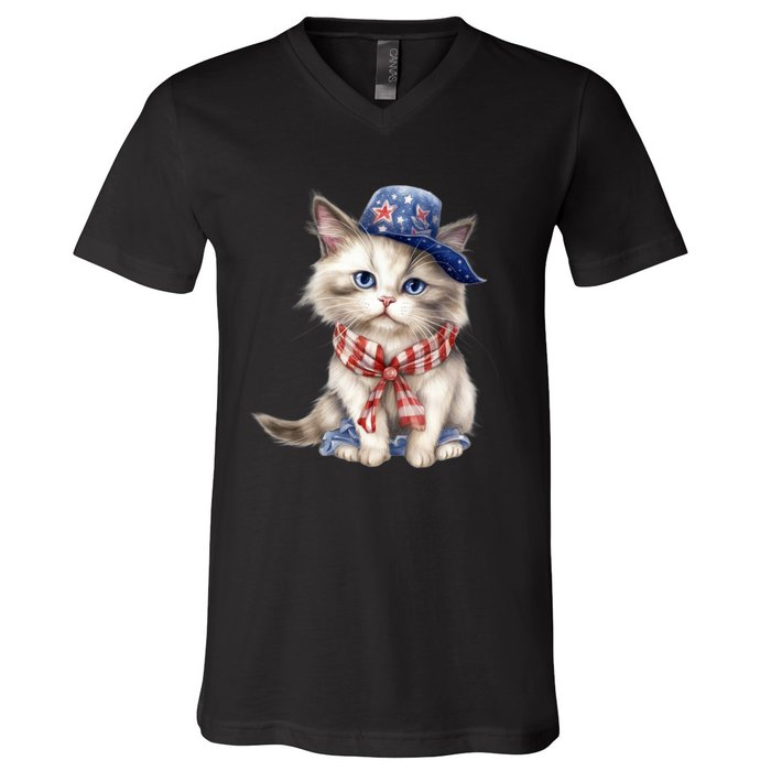 American Cat 4th Of July Cat Patriotic Cats Himalayan Kitten V-Neck T-Shirt