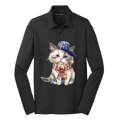 American Cat 4th Of July Cat Patriotic Cats Himalayan Kitten Silk Touch Performance Long Sleeve Polo