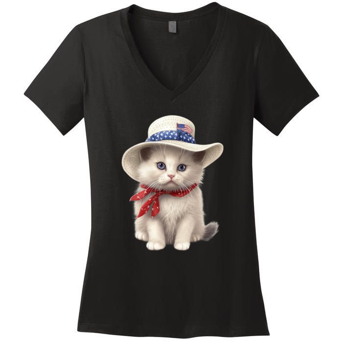 American Cat 4th Of July Cat Patriotic Cats Himalayan Kitten Women's V-Neck T-Shirt