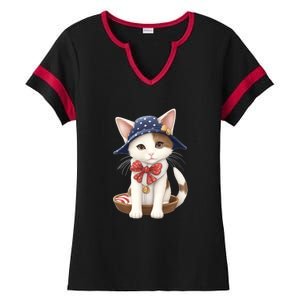 American Cat 4th Of July Cat Patriotic Cats Japanese Bobtail Kitten Ladies Halftime Notch Neck Tee