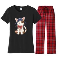 American Cat 4th Of July Cat Patriotic Cats Japanese Bobtail Kitten Women's Flannel Pajama Set