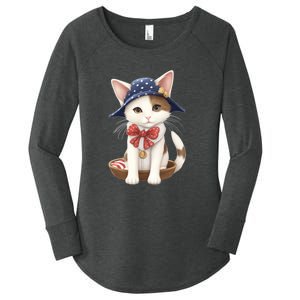 American Cat 4th Of July Cat Patriotic Cats Japanese Bobtail Kitten Women's Perfect Tri Tunic Long Sleeve Shirt