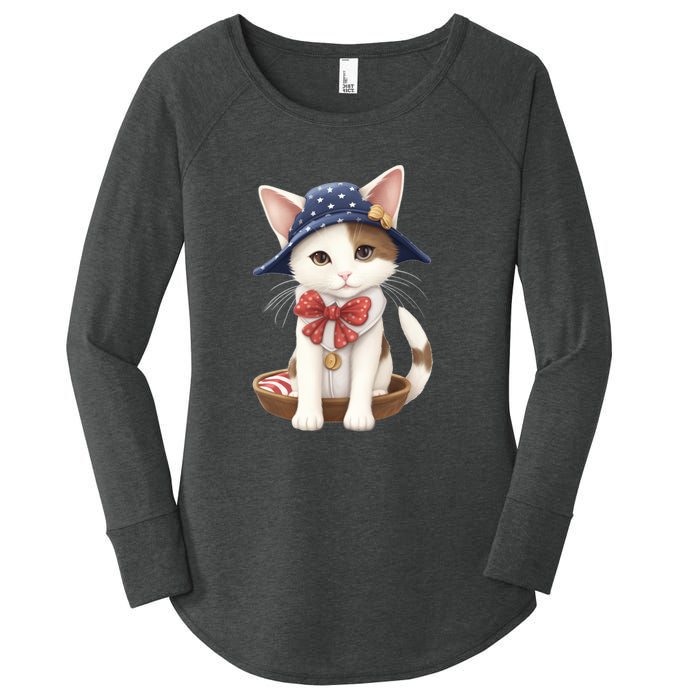 American Cat 4th Of July Cat Patriotic Cats Japanese Bobtail Kitten Women's Perfect Tri Tunic Long Sleeve Shirt