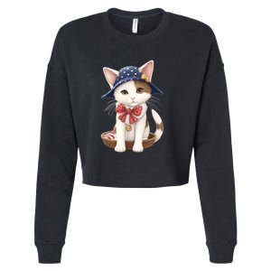 American Cat 4th Of July Cat Patriotic Cats Japanese Bobtail Kitten Cropped Pullover Crew