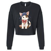 American Cat 4th Of July Cat Patriotic Cats Japanese Bobtail Kitten Cropped Pullover Crew