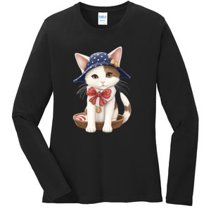 American Cat 4th Of July Cat Patriotic Cats Japanese Bobtail Kitten Ladies Long Sleeve Shirt