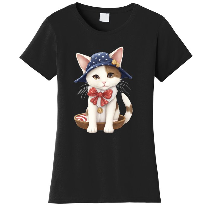 American Cat 4th Of July Cat Patriotic Cats Japanese Bobtail Kitten Women's T-Shirt