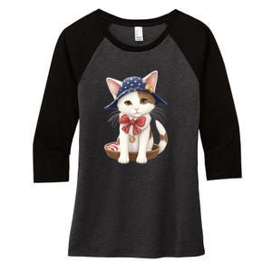 American Cat 4th Of July Cat Patriotic Cats Japanese Bobtail Kitten Women's Tri-Blend 3/4-Sleeve Raglan Shirt