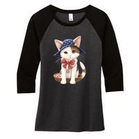 American Cat 4th Of July Cat Patriotic Cats Japanese Bobtail Kitten Women's Tri-Blend 3/4-Sleeve Raglan Shirt