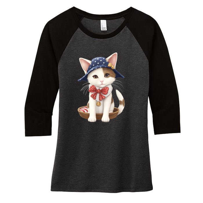 American Cat 4th Of July Cat Patriotic Cats Japanese Bobtail Kitten Women's Tri-Blend 3/4-Sleeve Raglan Shirt