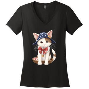 American Cat 4th Of July Cat Patriotic Cats Japanese Bobtail Kitten Women's V-Neck T-Shirt