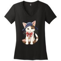 American Cat 4th Of July Cat Patriotic Cats Japanese Bobtail Kitten Women's V-Neck T-Shirt