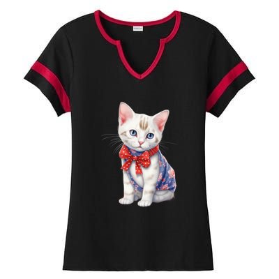 American Cat 4th Of July Cat Patriotic Cats Japanese Bobtail Kitten Ladies Halftime Notch Neck Tee