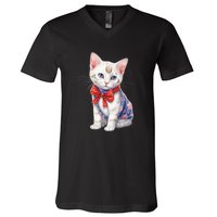 American Cat 4th Of July Cat Patriotic Cats Japanese Bobtail Kitten V-Neck T-Shirt