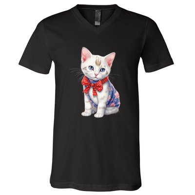 American Cat 4th Of July Cat Patriotic Cats Japanese Bobtail Kitten V-Neck T-Shirt