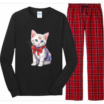 American Cat 4th Of July Cat Patriotic Cats Japanese Bobtail Kitten Long Sleeve Pajama Set