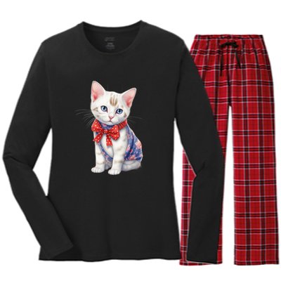 American Cat 4th Of July Cat Patriotic Cats Japanese Bobtail Kitten Women's Long Sleeve Flannel Pajama Set 