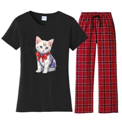 American Cat 4th Of July Cat Patriotic Cats Japanese Bobtail Kitten Women's Flannel Pajama Set